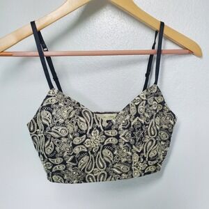 Staring at Stars Black & Gold Paisley Embroidered Cropped Bustier‎ Top XS zipper